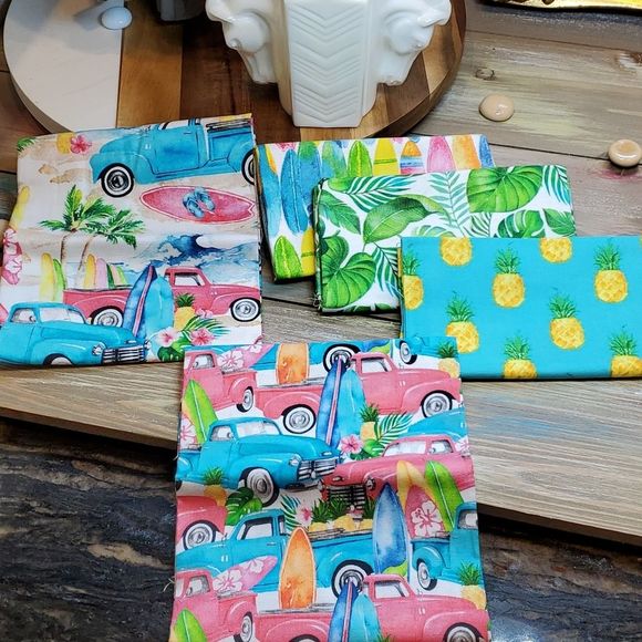 Cotton Fabric Other - Fabric Bundle of 5 FQ's, 100% Cotton, Vacay Island, Tropical Fun Surfing Islands